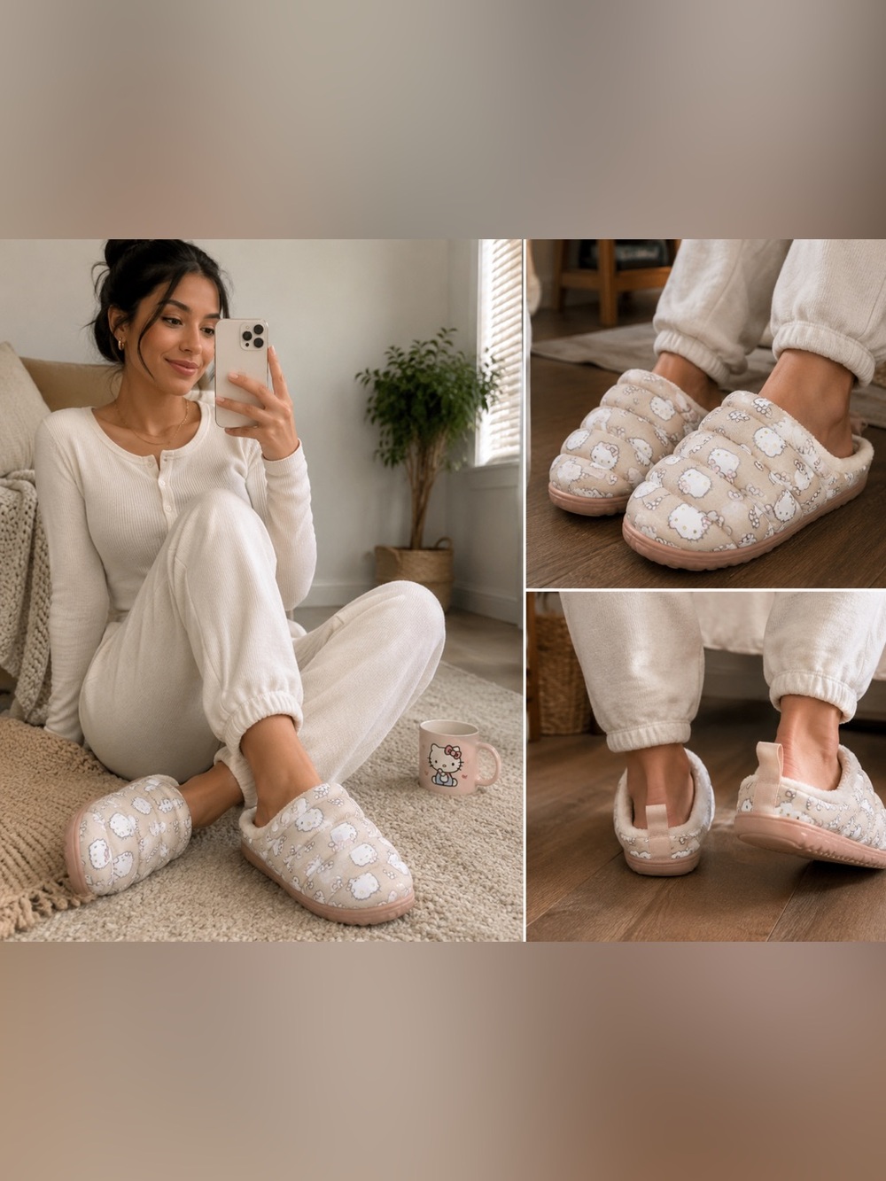 Hello Kitty Cream and Pink Plush Slip-On Slippers